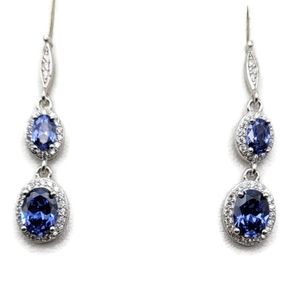 Blue Sapphire & Cz Dangle 925 Sterling Silver Earrings